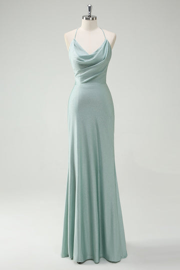 Salvia Sjöjungfru Spaghetti Remmar Rynkad Lång Balklänning Med Snörning Upp Tillbaka